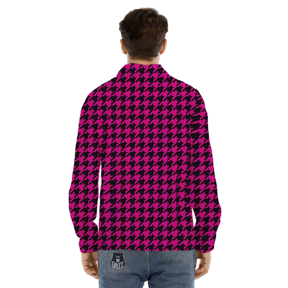 Houndstooth Black And Pink Magenta Print Men's Dress Shirts-grizzshop