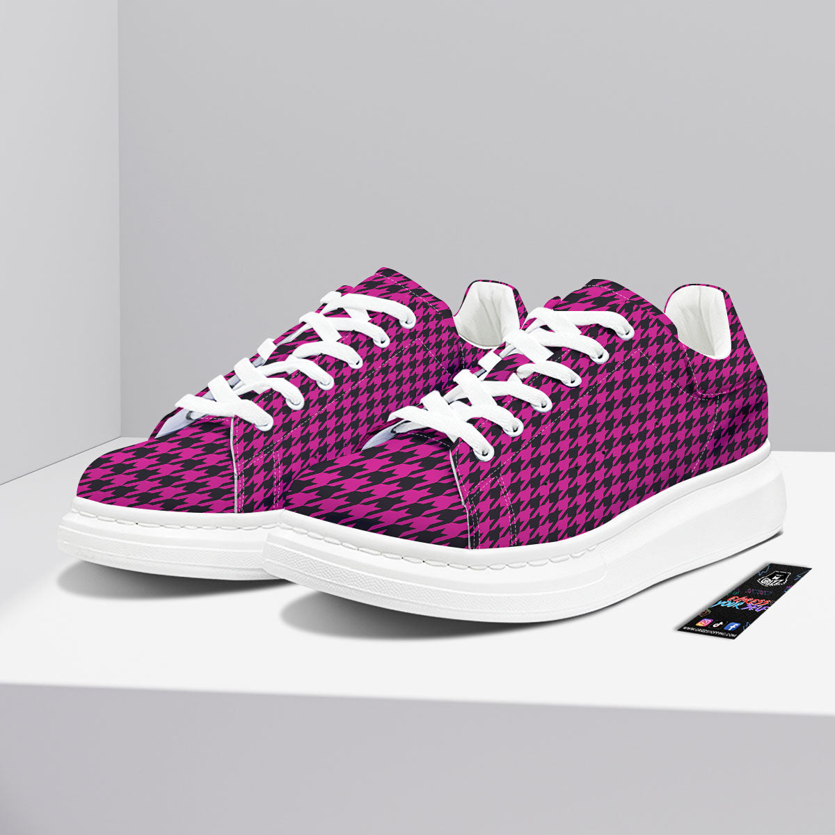 Houndstooth Black And Pink Magenta Print Platform Shoes-grizzshop