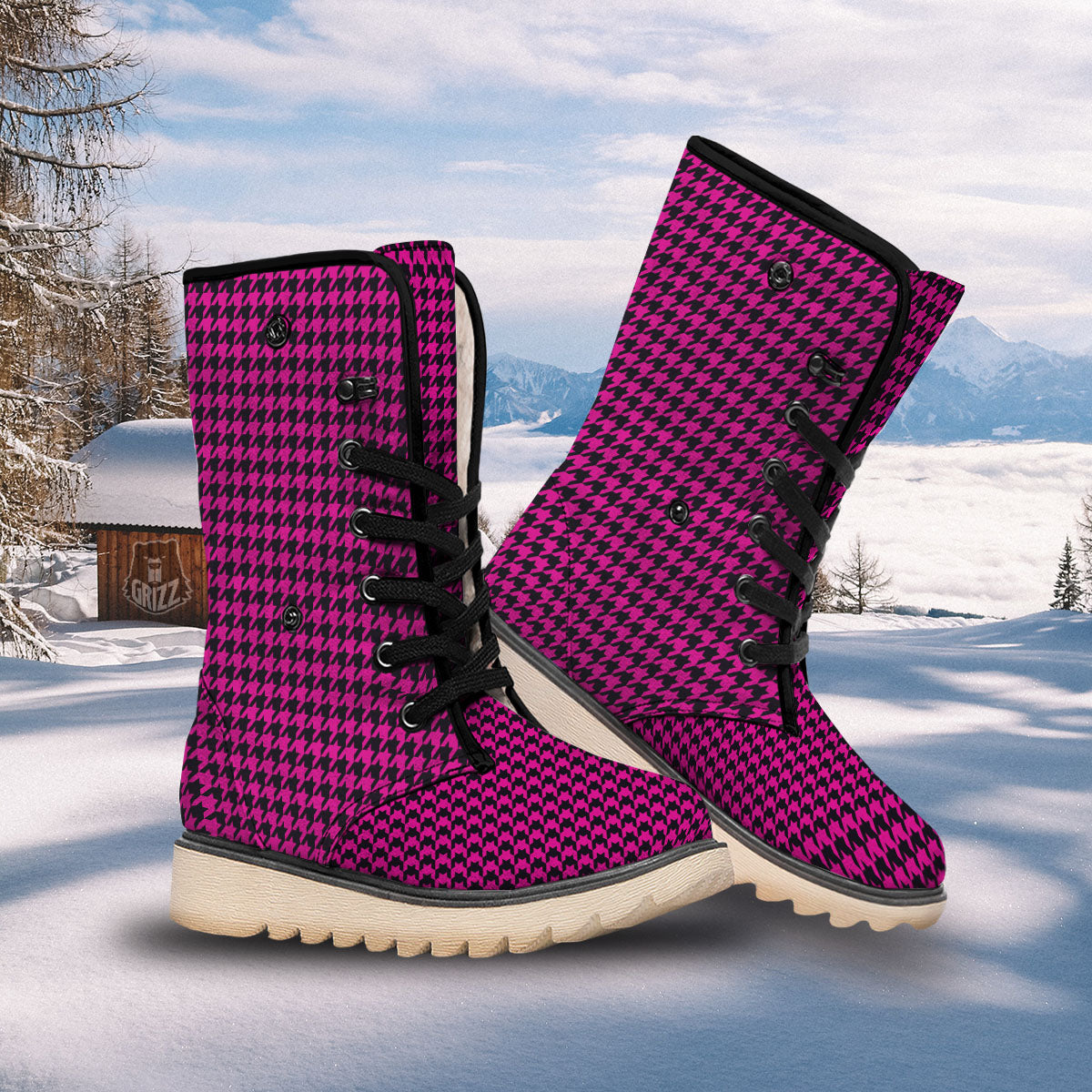 Houndstooth Black And Pink Magenta Print Snow Boots-grizzshop