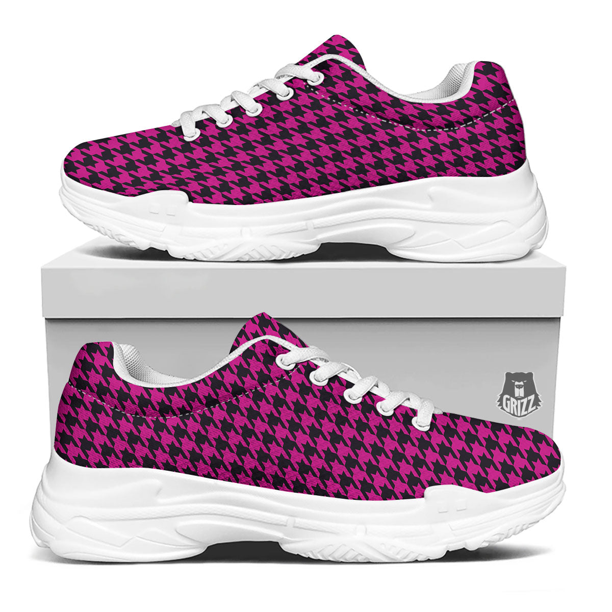 Houndstooth Black And Pink Magenta Print White Chunky Shoes-grizzshop