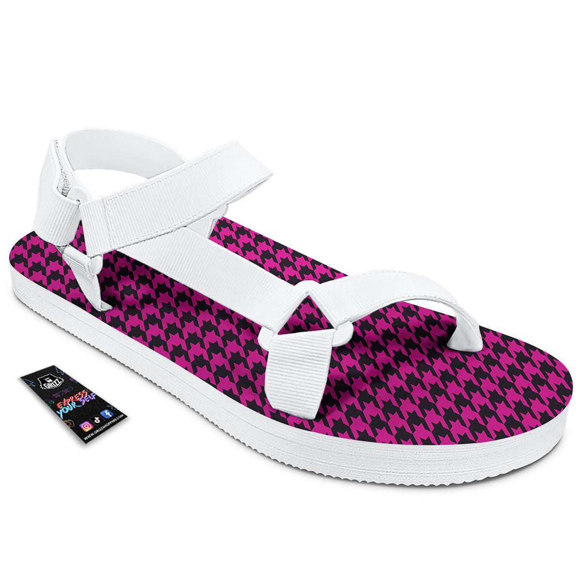 Houndstooth Black And Pink Magenta Print White Open Toe Sandals-grizzshop