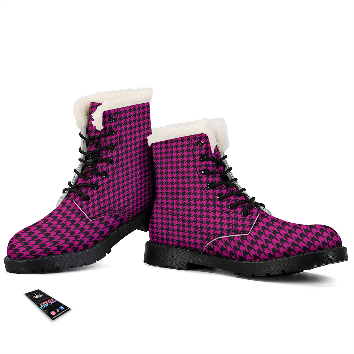 Houndstooth Black And Pink Magenta Print Winter Boots-grizzshop