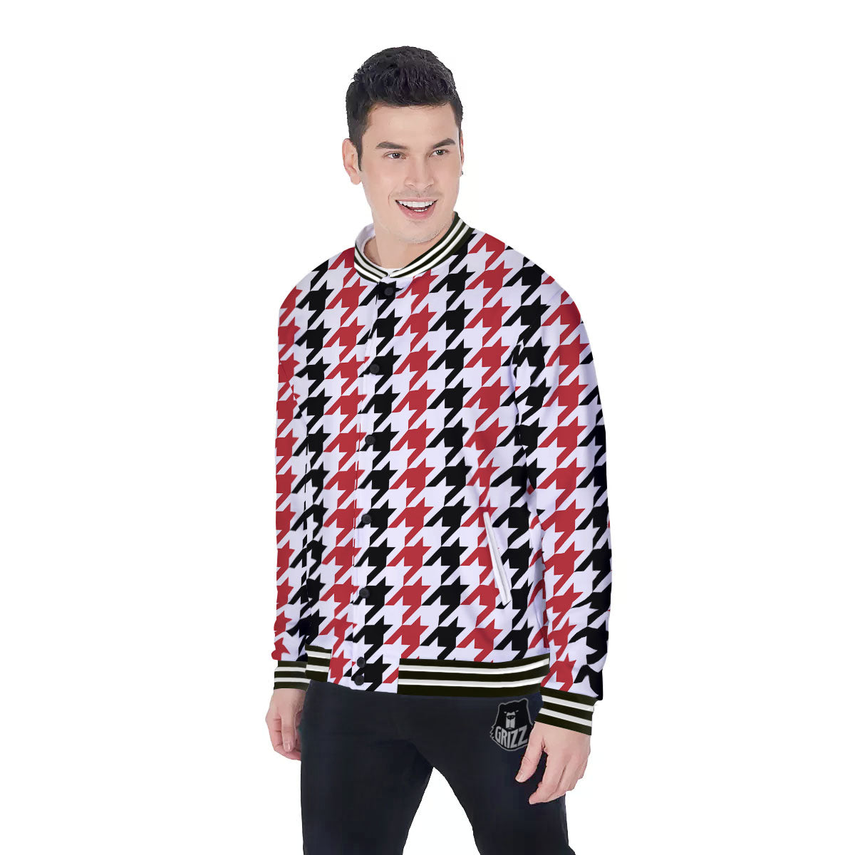 Houndstooth Black And Red Print Pattern Baseball Jacket-grizzshop