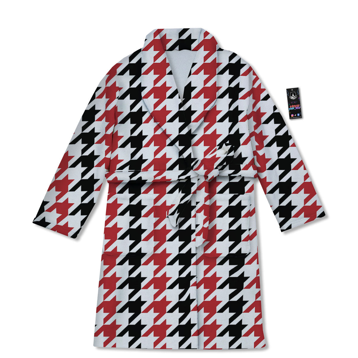 Houndstooth Black And Red Print Pattern Bathrobe-grizzshop
