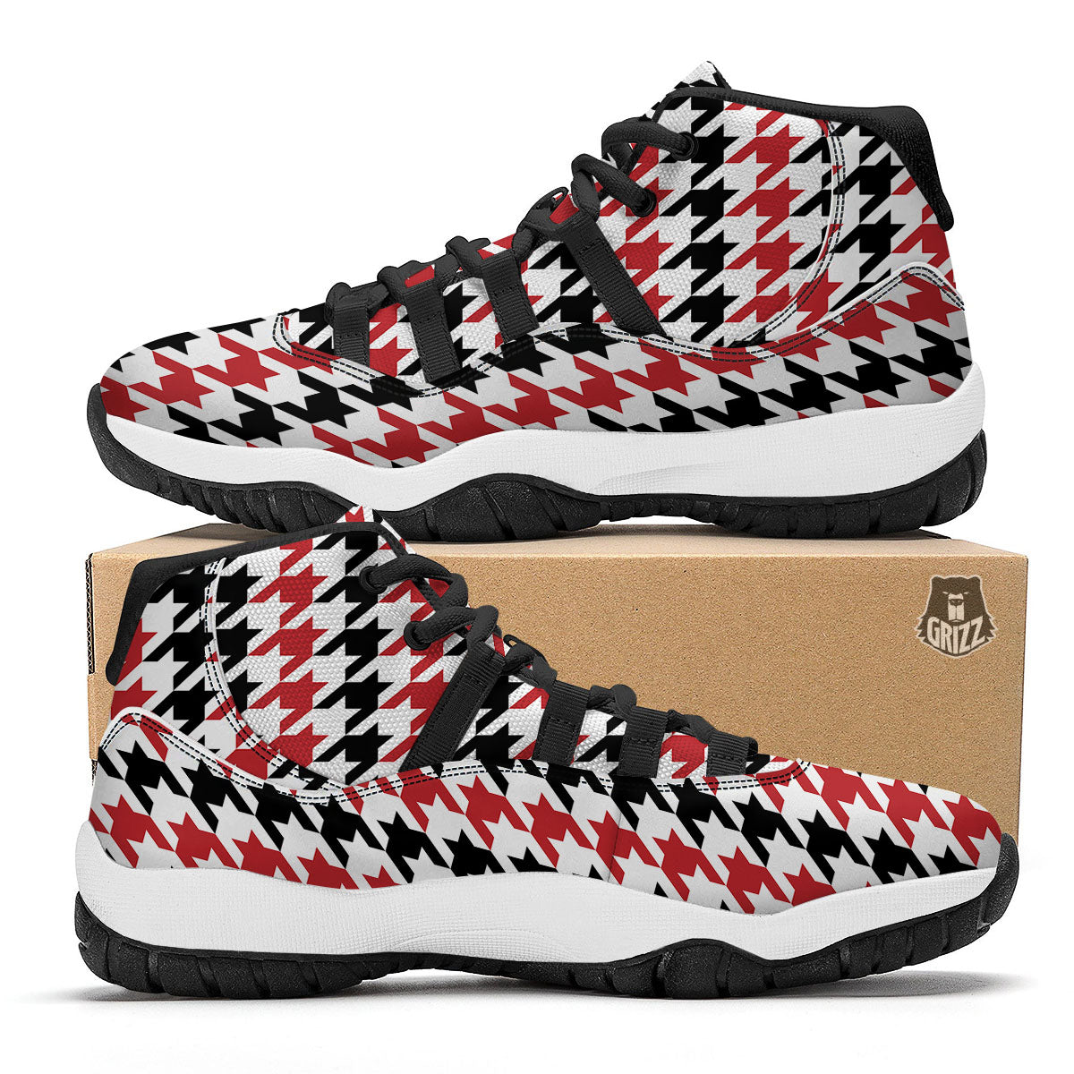 Houndstooth Black And Red Print Pattern Black Bball Shoes-grizzshop