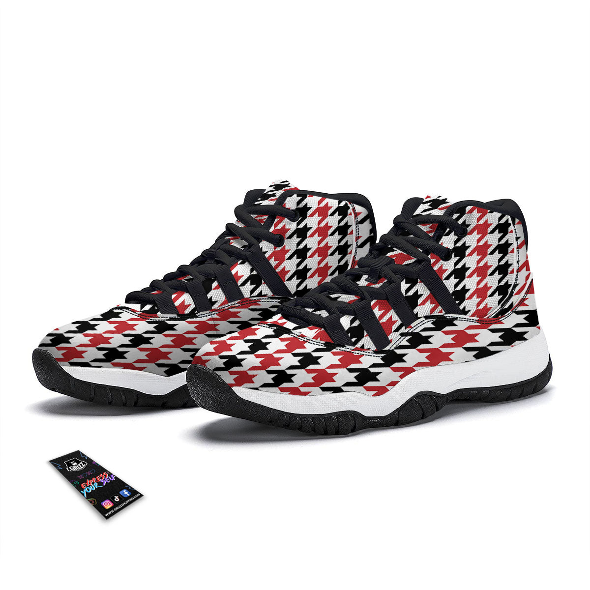 Houndstooth Black And Red Print Pattern Black Bball Shoes-grizzshop