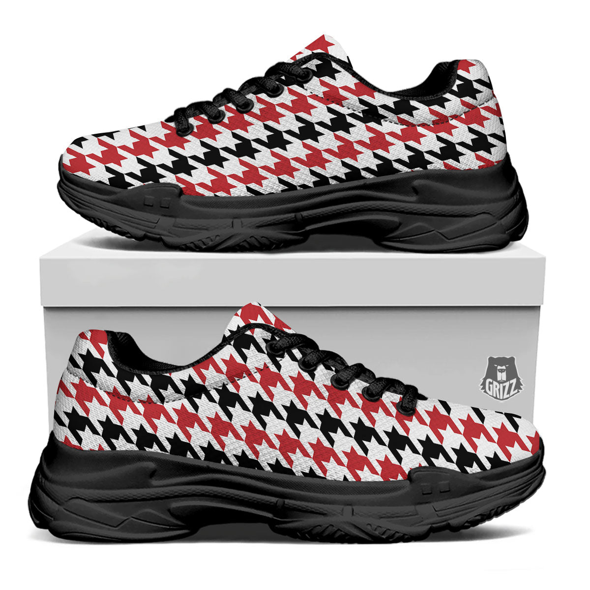 Houndstooth Black And Red Print Pattern Black Chunky Shoes-grizzshop