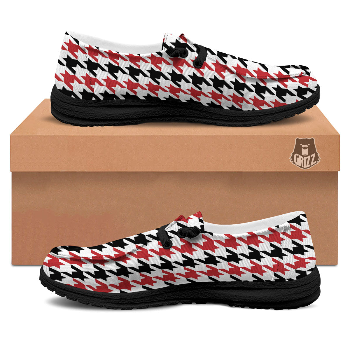 Houndstooth Black And Red Print Pattern Black Loafers-grizzshop