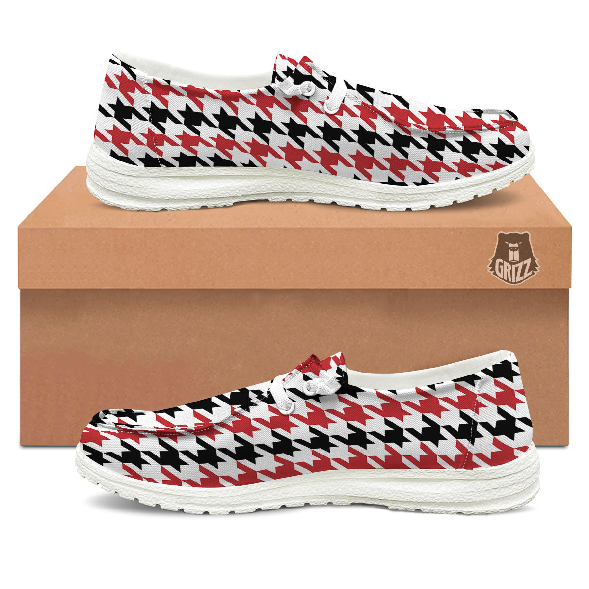 Houndstooth Black And Red Print Pattern Black Loafers-grizzshop