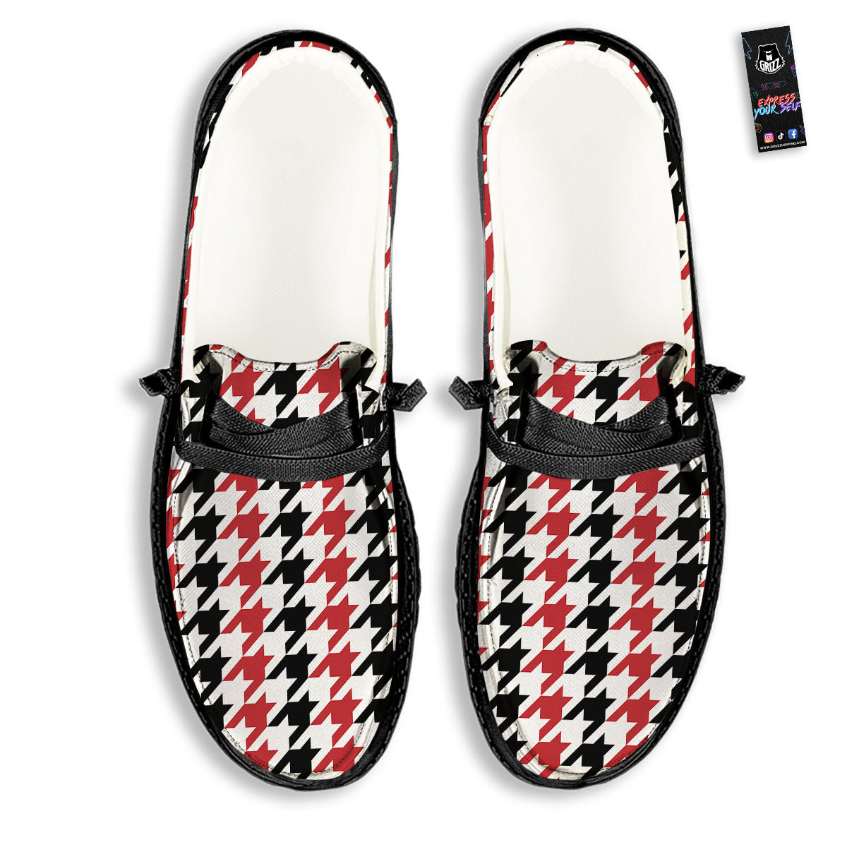 Houndstooth Black And Red Print Pattern Black Loafers-grizzshop