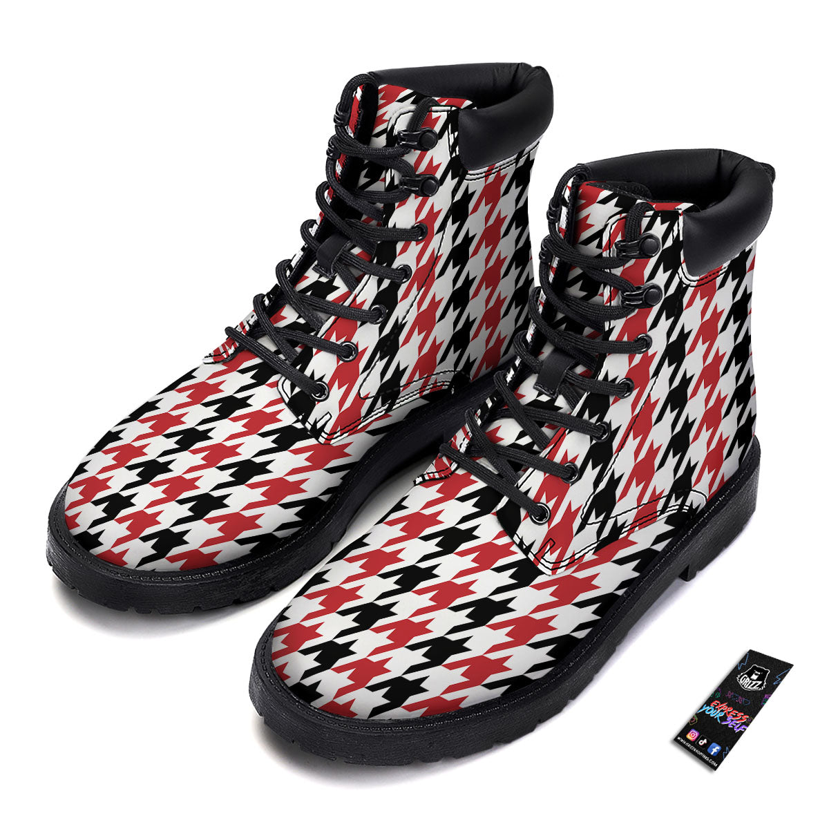 Houndstooth Black And Red Print Pattern Boots-grizzshop