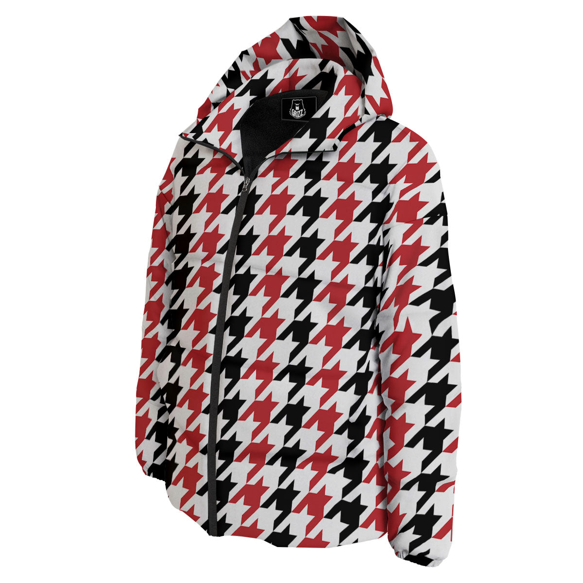 Houndstooth Black And Red Print Pattern Down Jacket-grizzshop