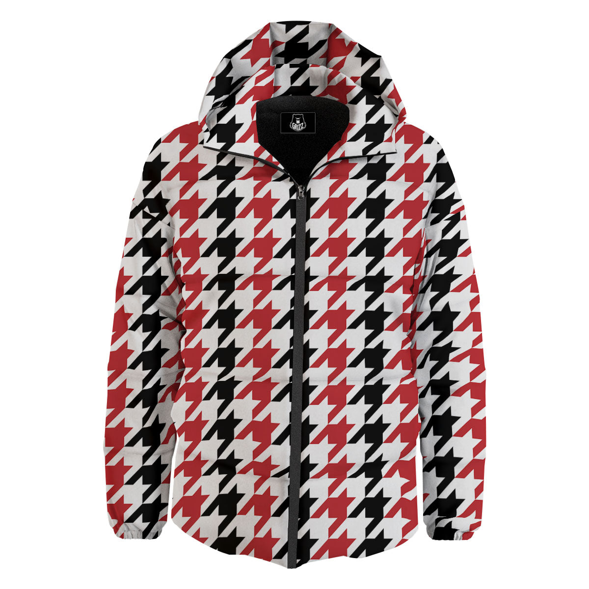 Houndstooth Black And Red Print Pattern Down Jacket-grizzshop