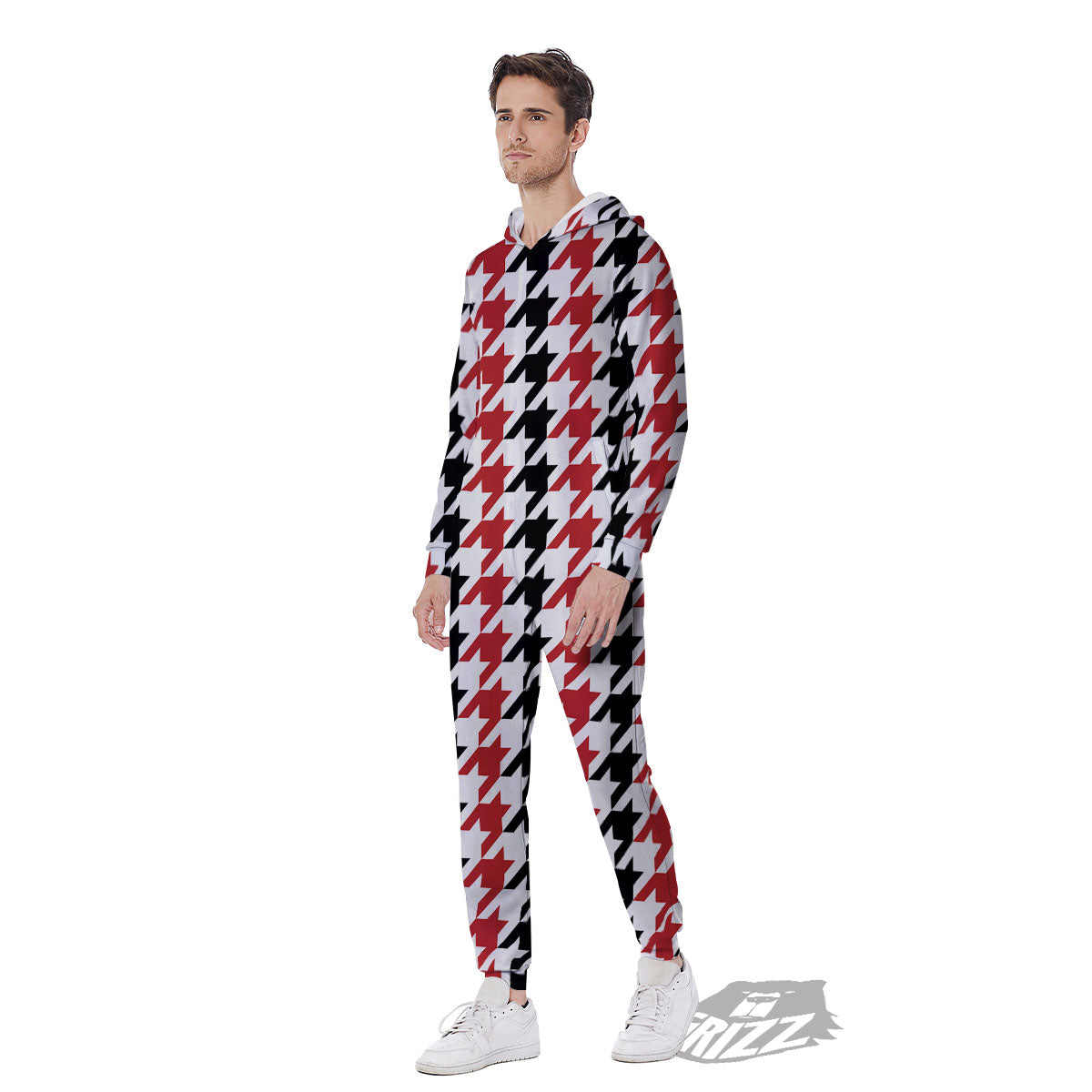 Houndstooth Black And Red Print Pattern Men's Jumpsuit-grizzshop