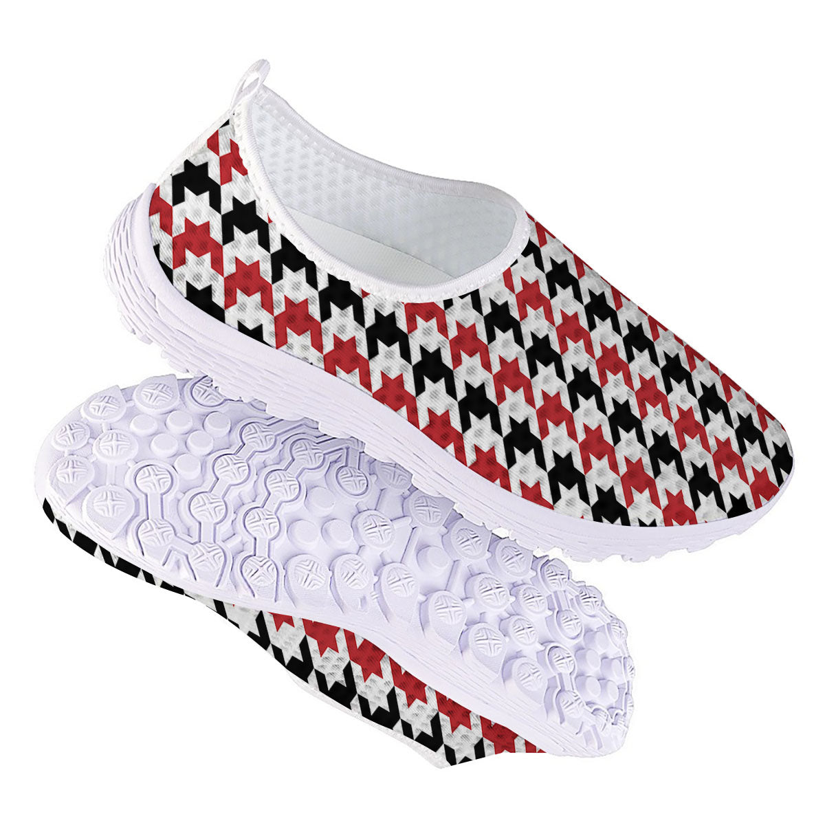 Houndstooth Black And Red Print Pattern Nurse Shoes-grizzshop