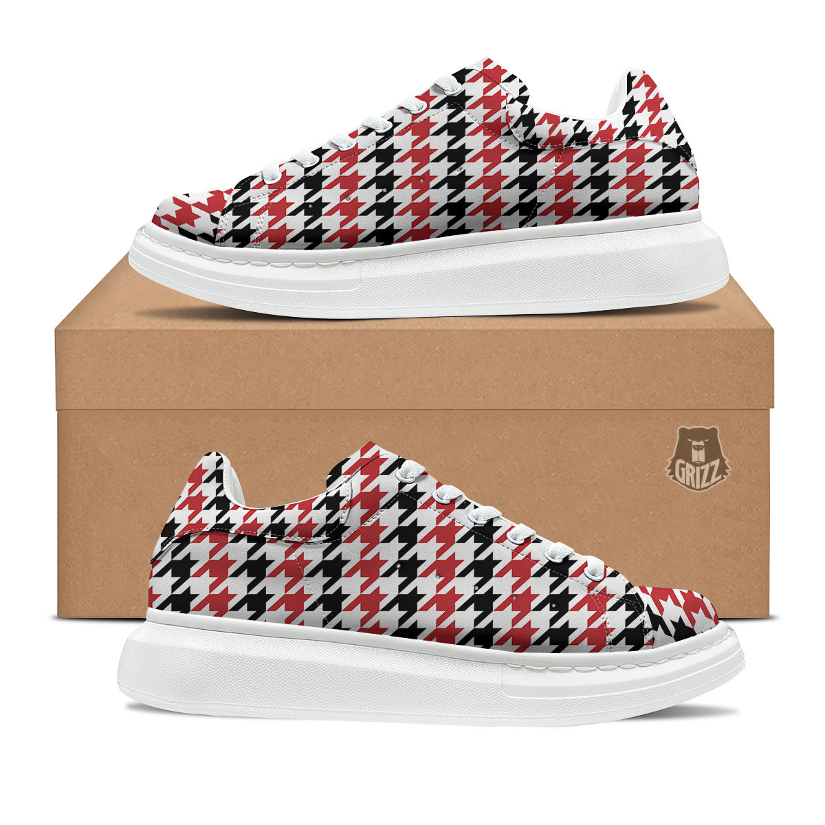 Houndstooth Black And Red Print Pattern Platform Shoes-grizzshop