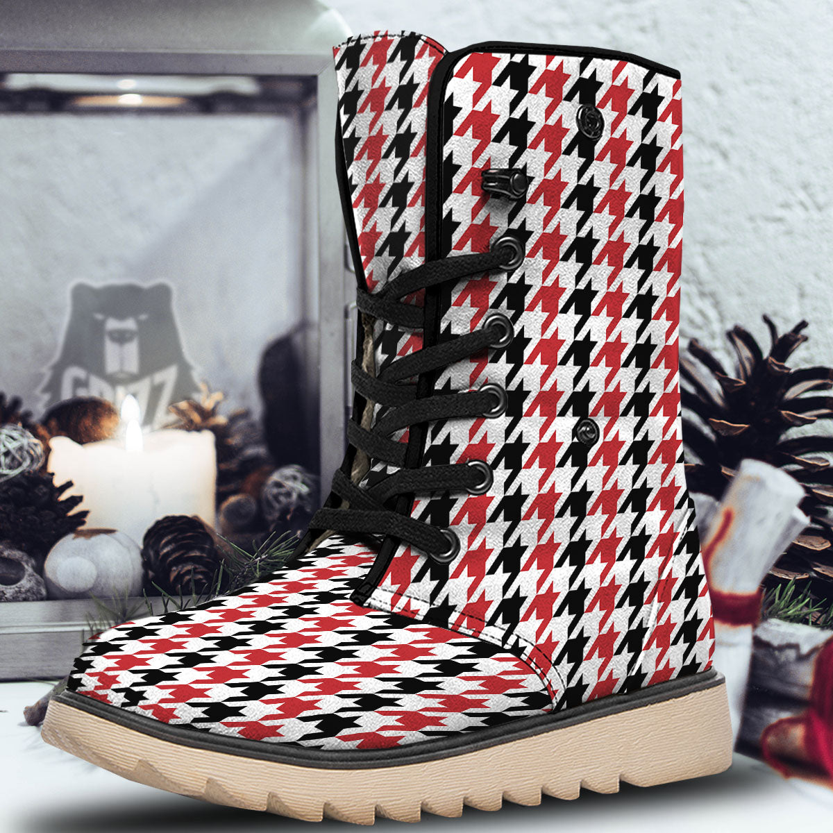 Houndstooth Black And Red Print Pattern Snow Boots-grizzshop