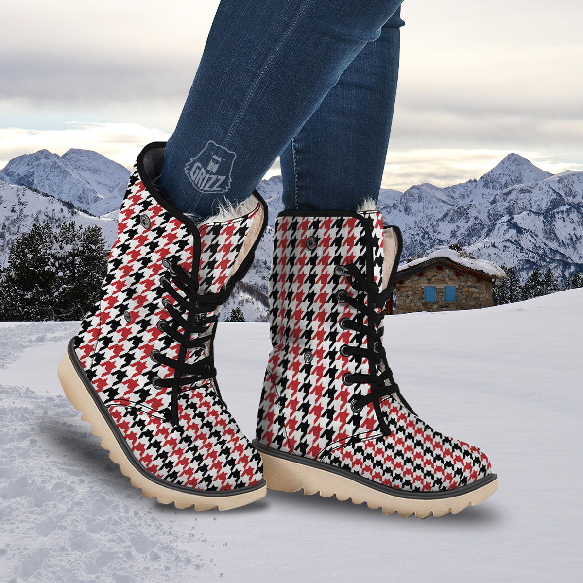 Houndstooth Black And Red Print Pattern Snow Boots-grizzshop