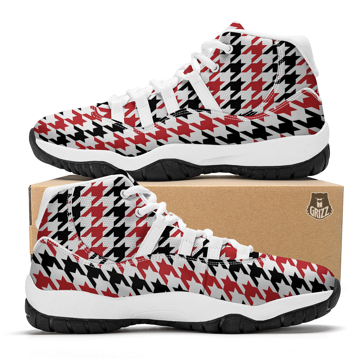 Houndstooth Black And Red Print Pattern White Bball Shoes-grizzshop