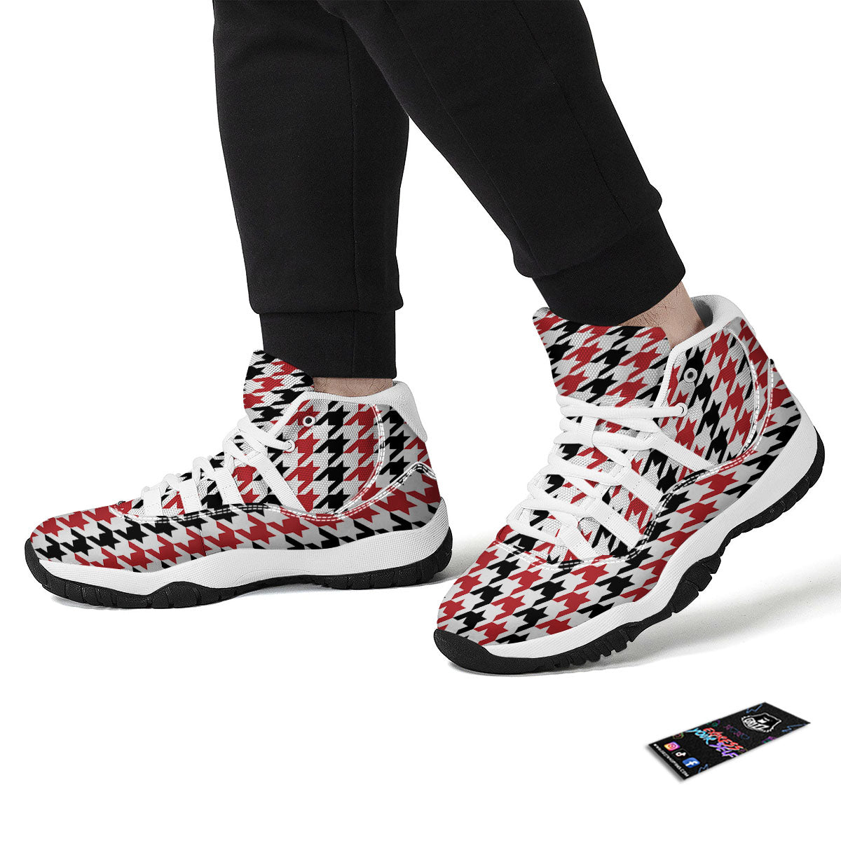 Houndstooth Black And Red Print Pattern White Bball Shoes-grizzshop