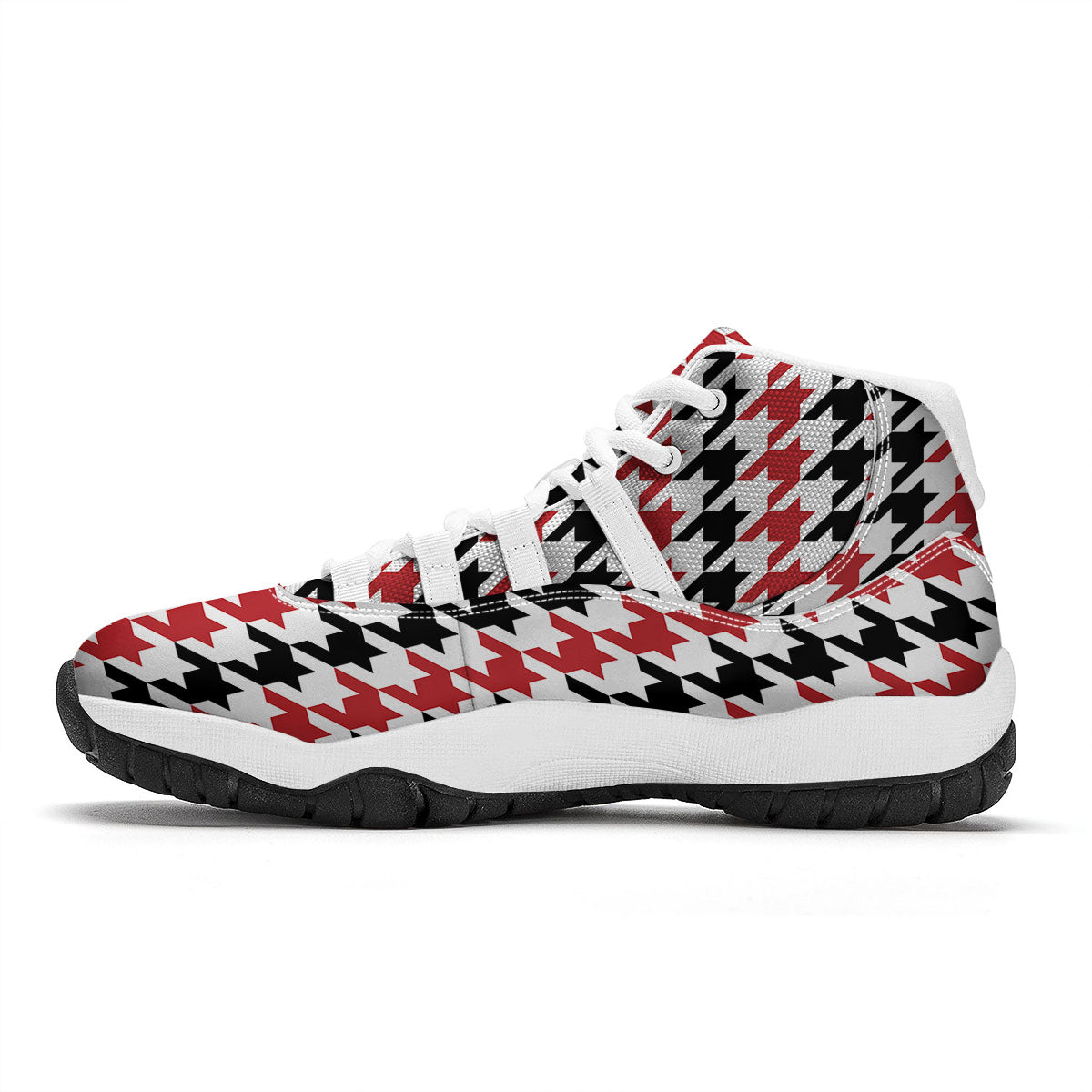 Houndstooth Black And Red Print Pattern White Bball Shoes-grizzshop
