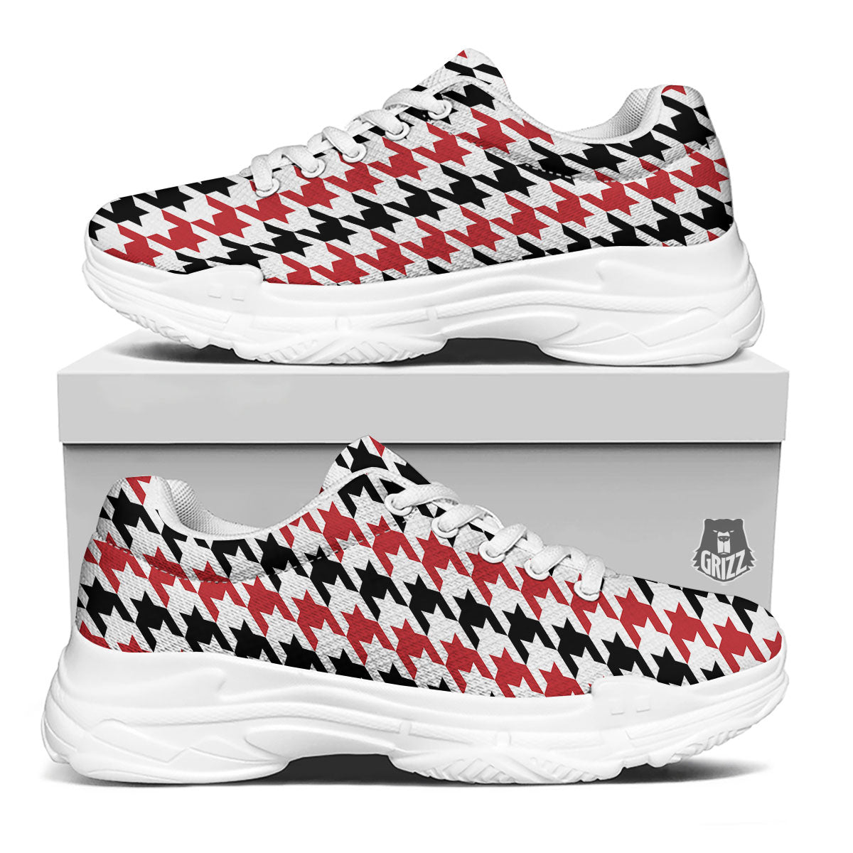 Houndstooth Black And Red Print Pattern White Chunky Shoes-grizzshop