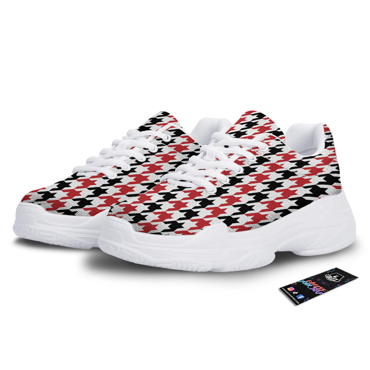 Houndstooth Black And Red Print Pattern White Chunky Shoes-grizzshop