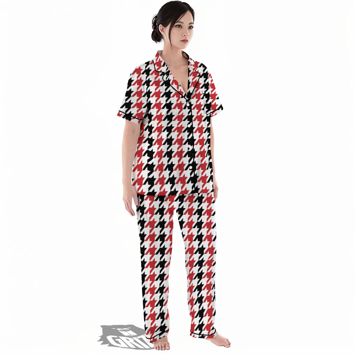 Houndstooth Black And Red Print Pattern Women's Pajamas Set-grizzshop