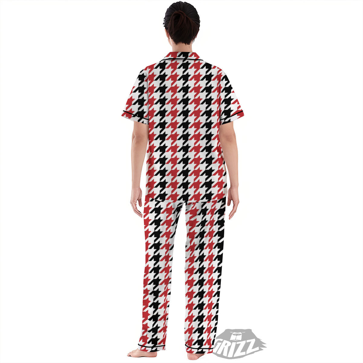 Houndstooth Black And Red Print Pattern Women's Pajamas Set-grizzshop