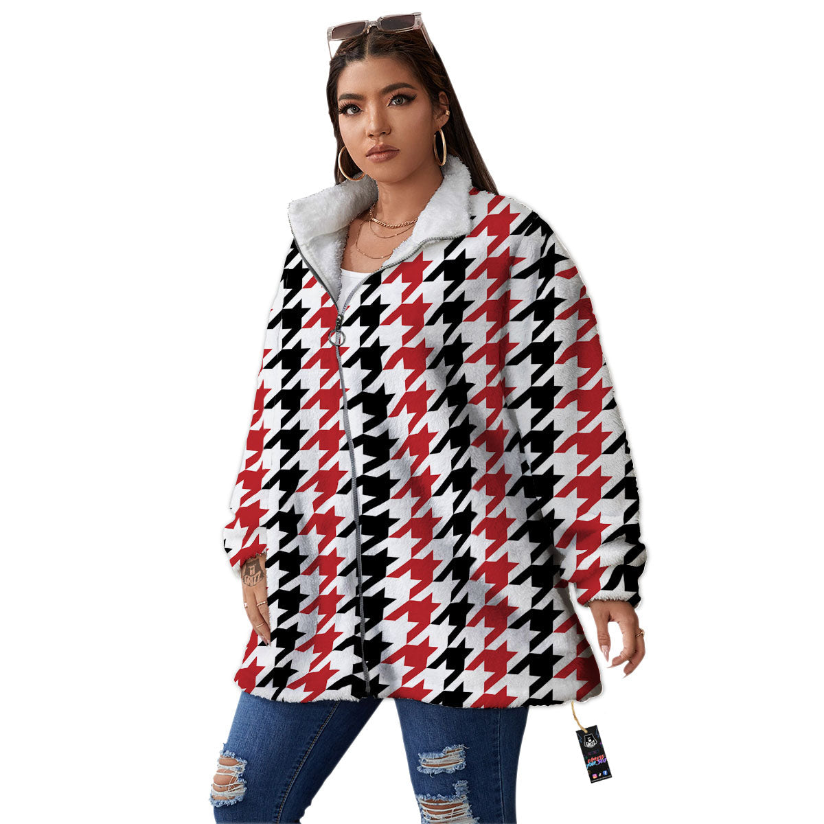 Houndstooth Black And Red Print Pattern Women's Sherpa Jacket-grizzshop