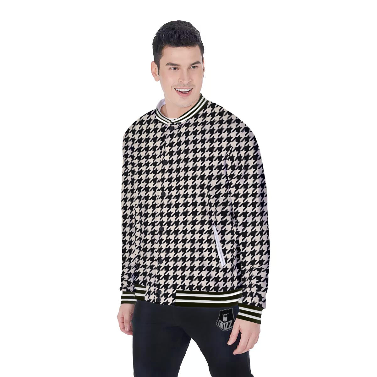 Houndstooth Black And Tan Print Pattern Baseball Jacket-grizzshop