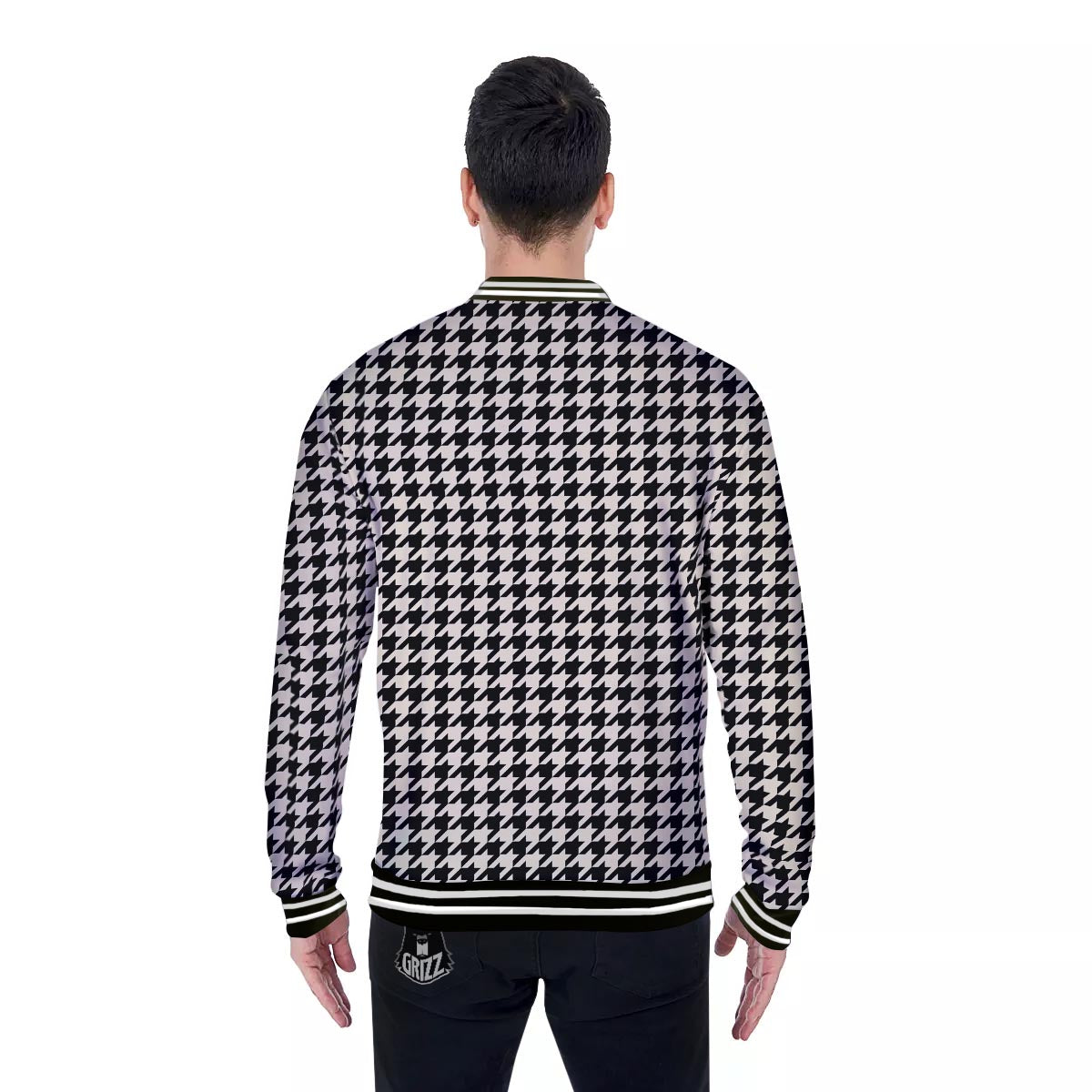 Houndstooth Black And Tan Print Pattern Baseball Jacket-grizzshop