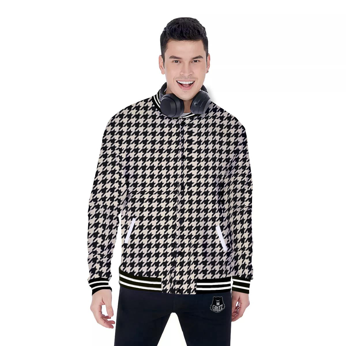 Houndstooth Black And Tan Print Pattern Baseball Jacket-grizzshop