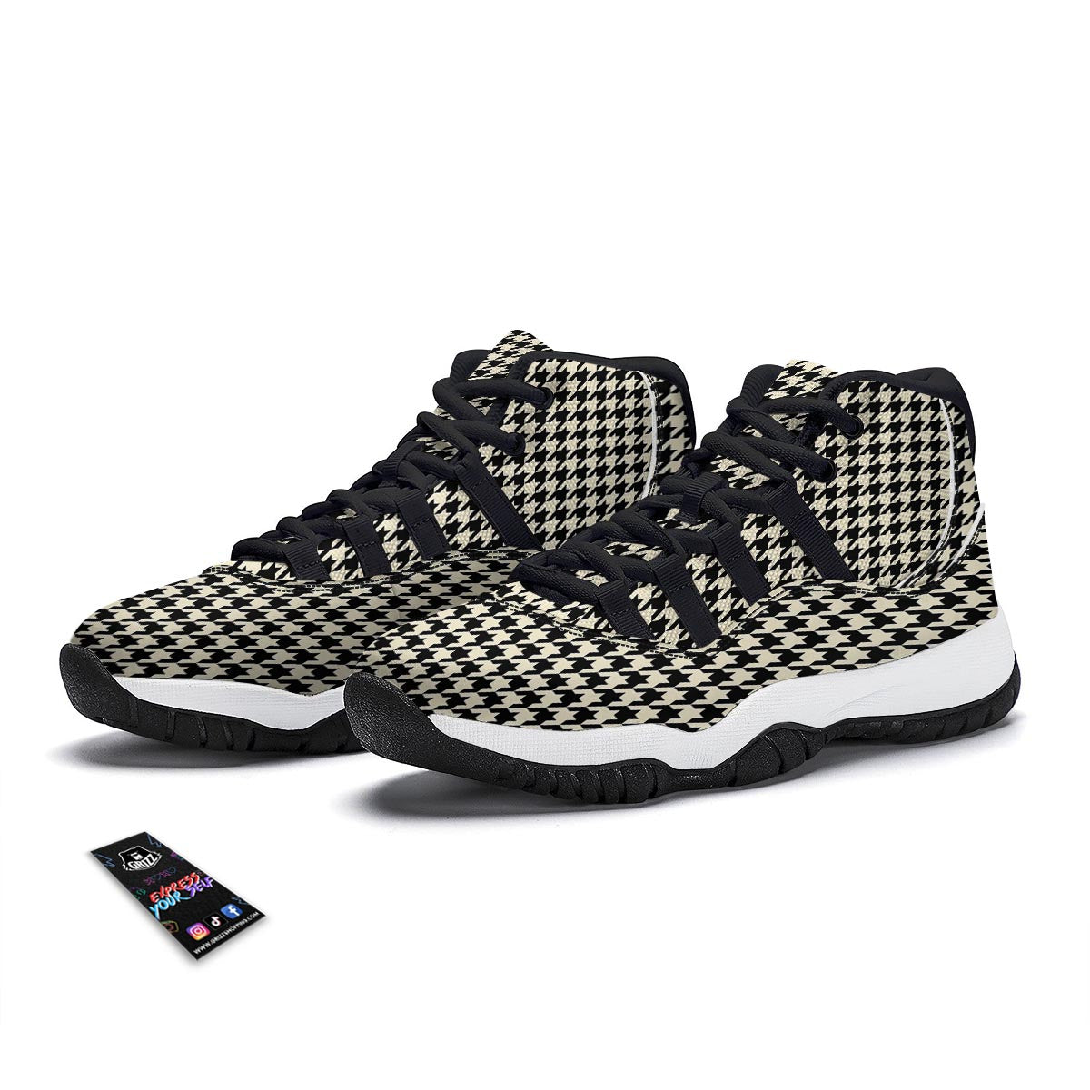 Houndstooth Black And Tan Print Pattern Black Bball Shoes-grizzshop