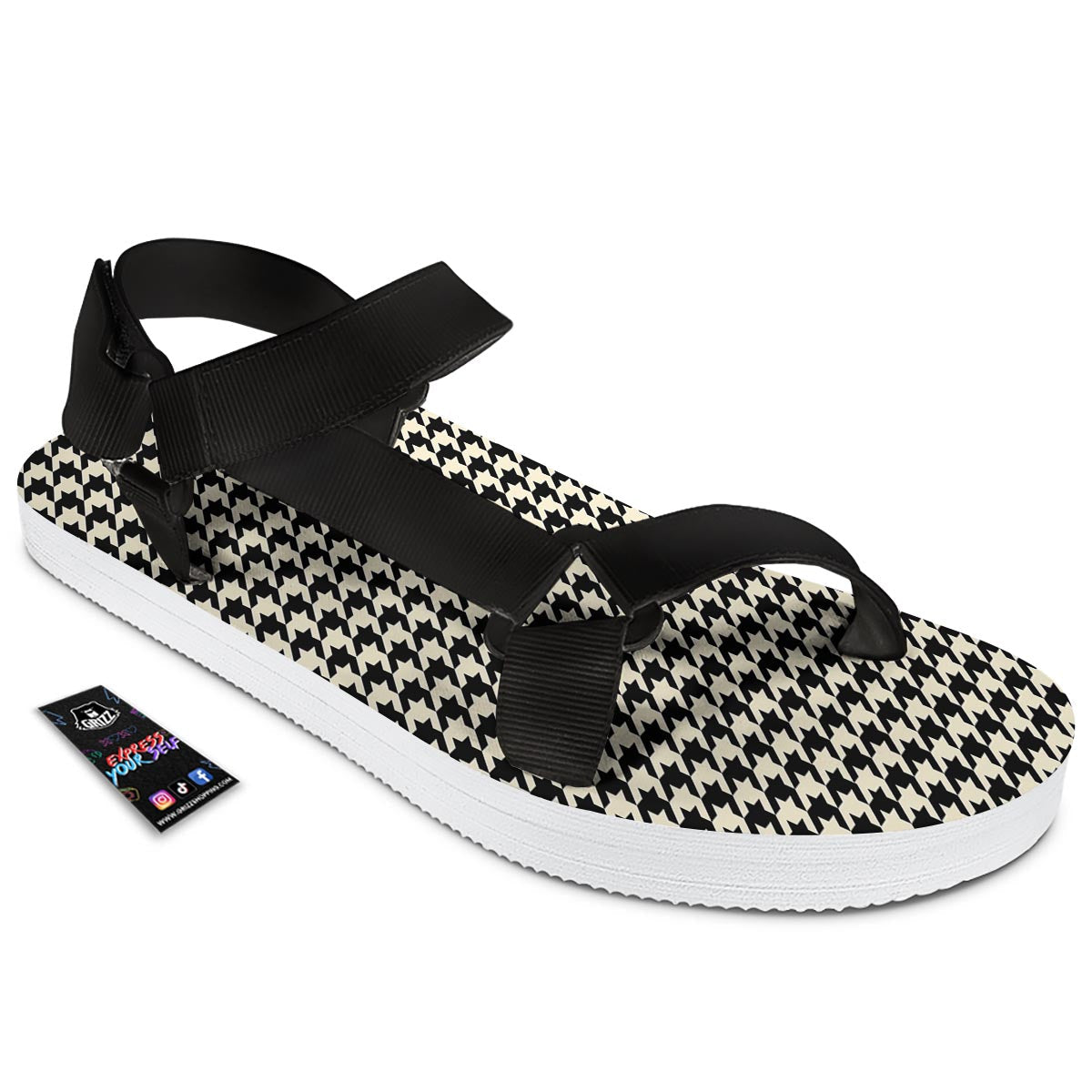 Houndstooth Black And Tan Print Pattern Black Open Toe Sandals-grizzshop