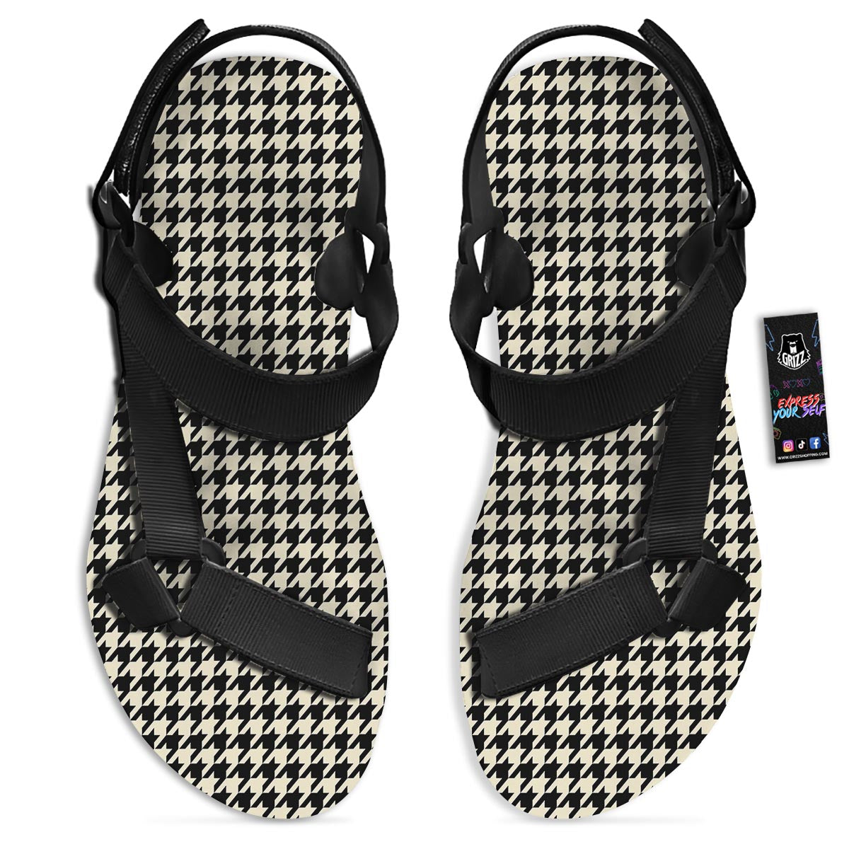 Houndstooth Black And Tan Print Pattern Black Open Toe Sandals-grizzshop