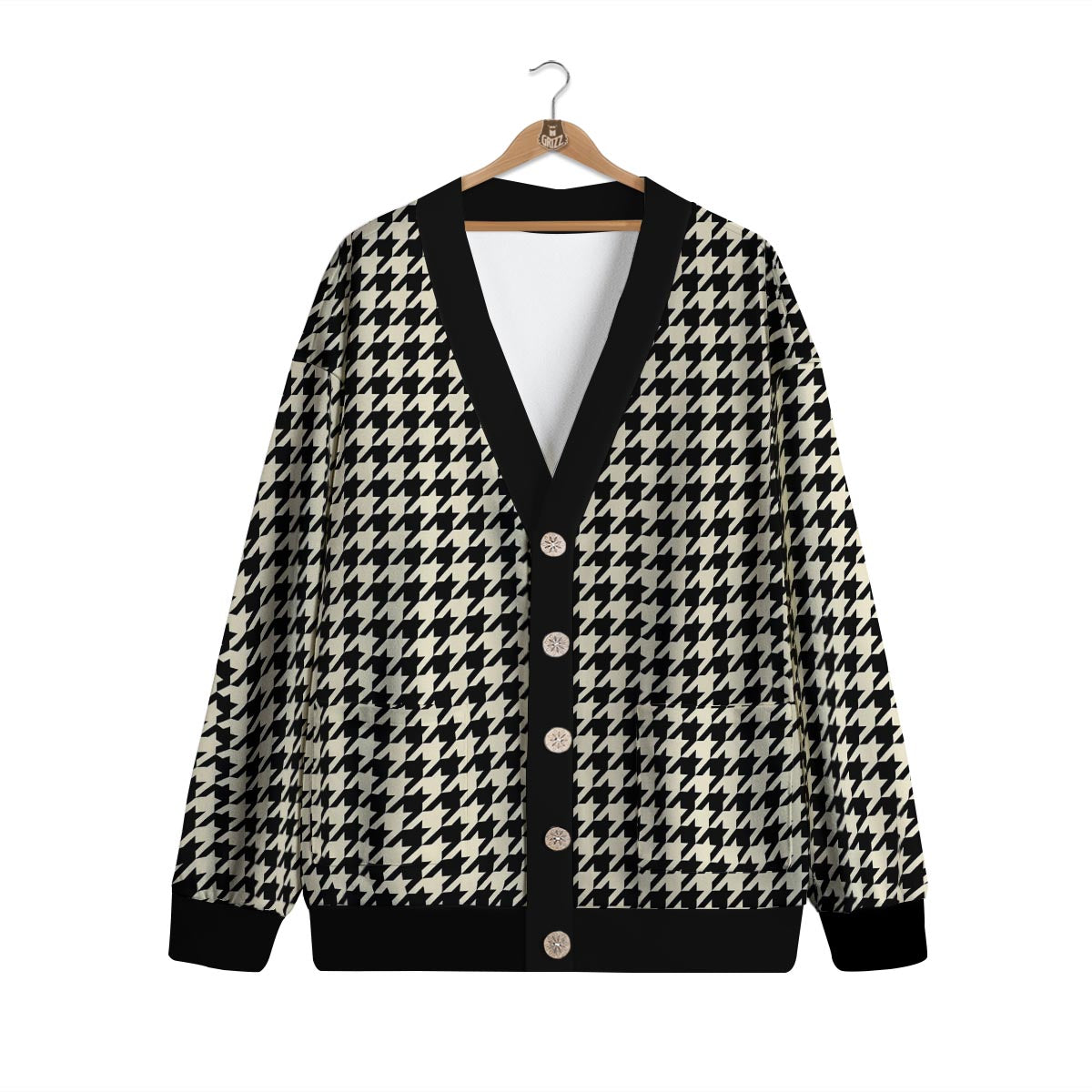 Houndstooth Black And Tan Print Pattern Cardigan-grizzshop