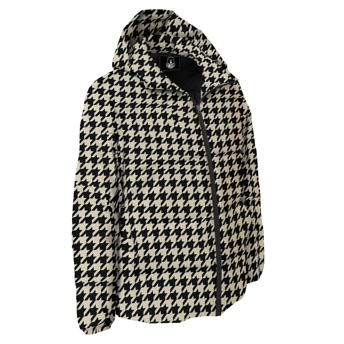 Houndstooth Black And Tan Print Pattern Down Jacket-grizzshop