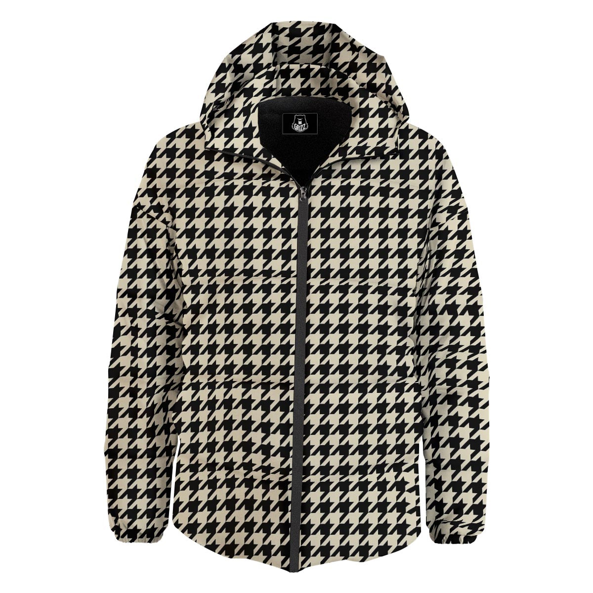 Houndstooth Black And Tan Print Pattern Down Jacket-grizzshop