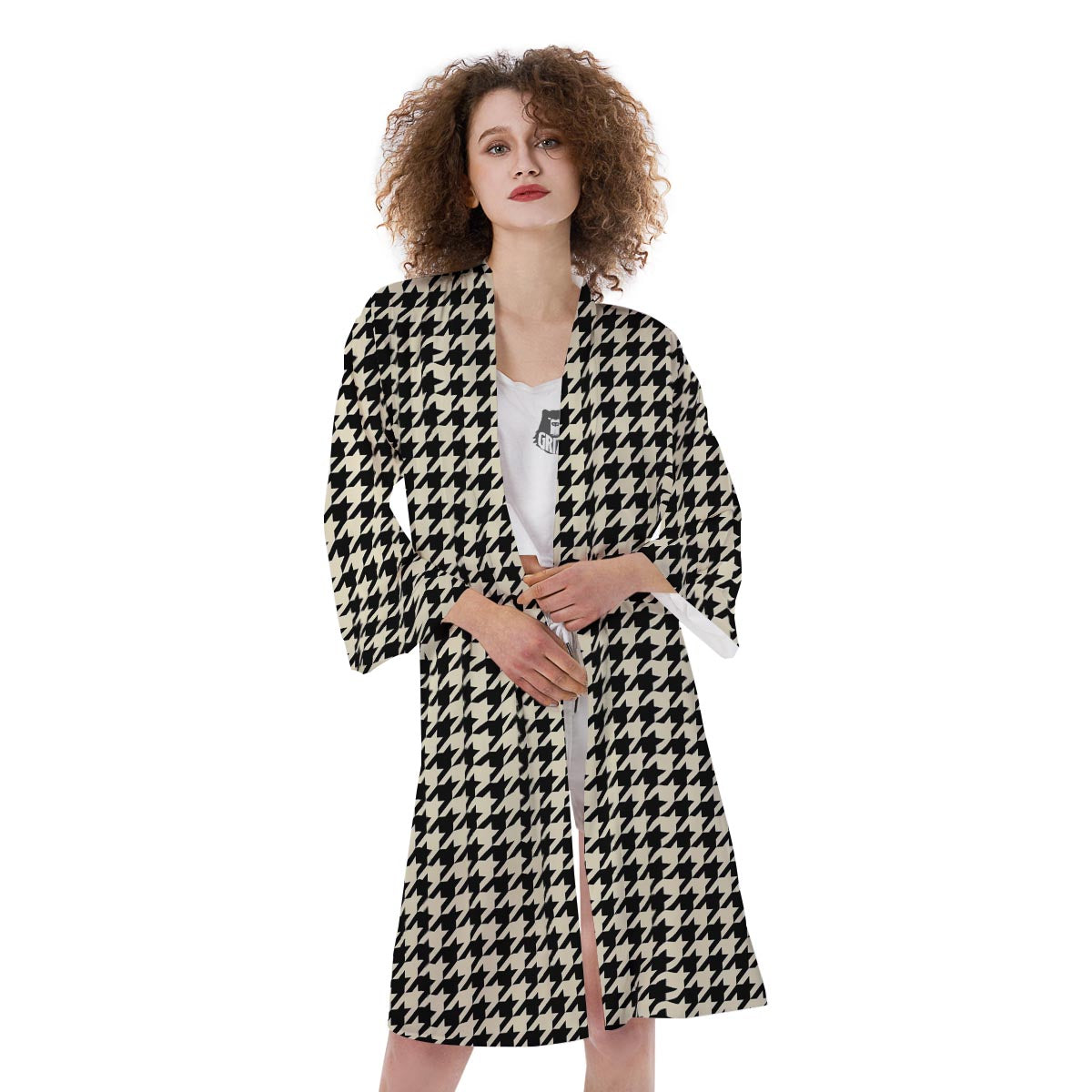 Houndstooth Black And Tan Print Pattern Kimono-grizzshop