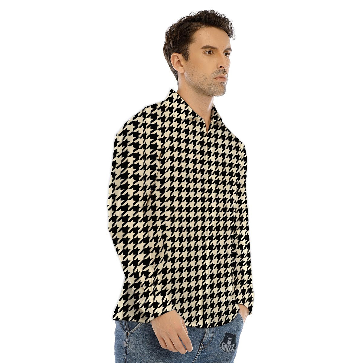 Houndstooth Black And Tan Print Pattern Men's Dress Shirts-grizzshop