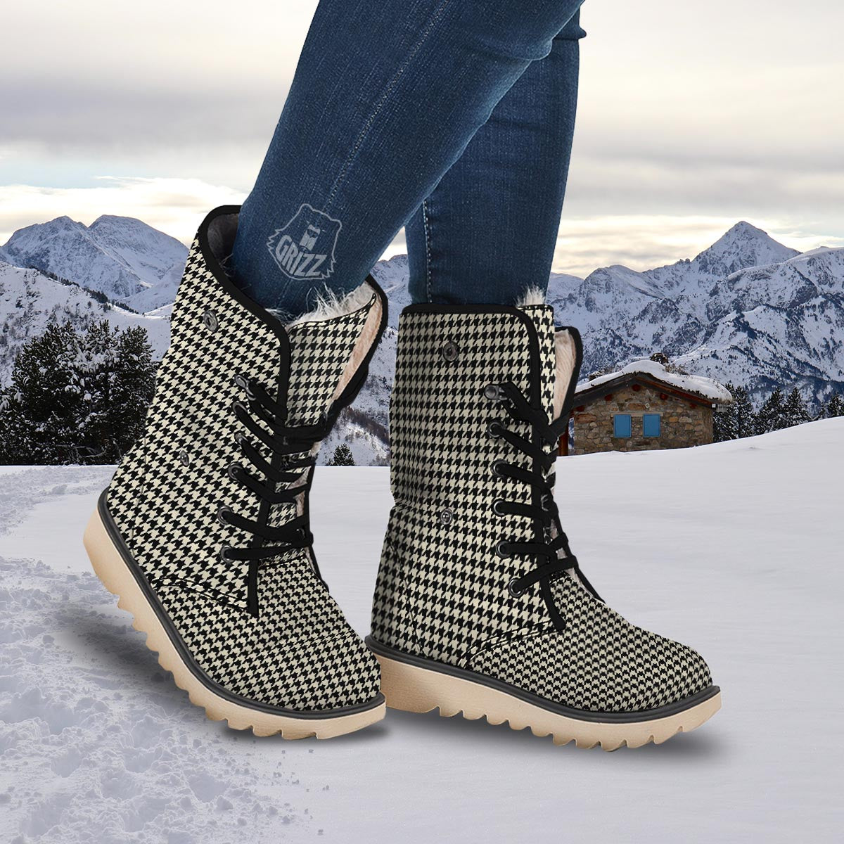 Houndstooth Black And Tan Print Pattern Snow Boots-grizzshop