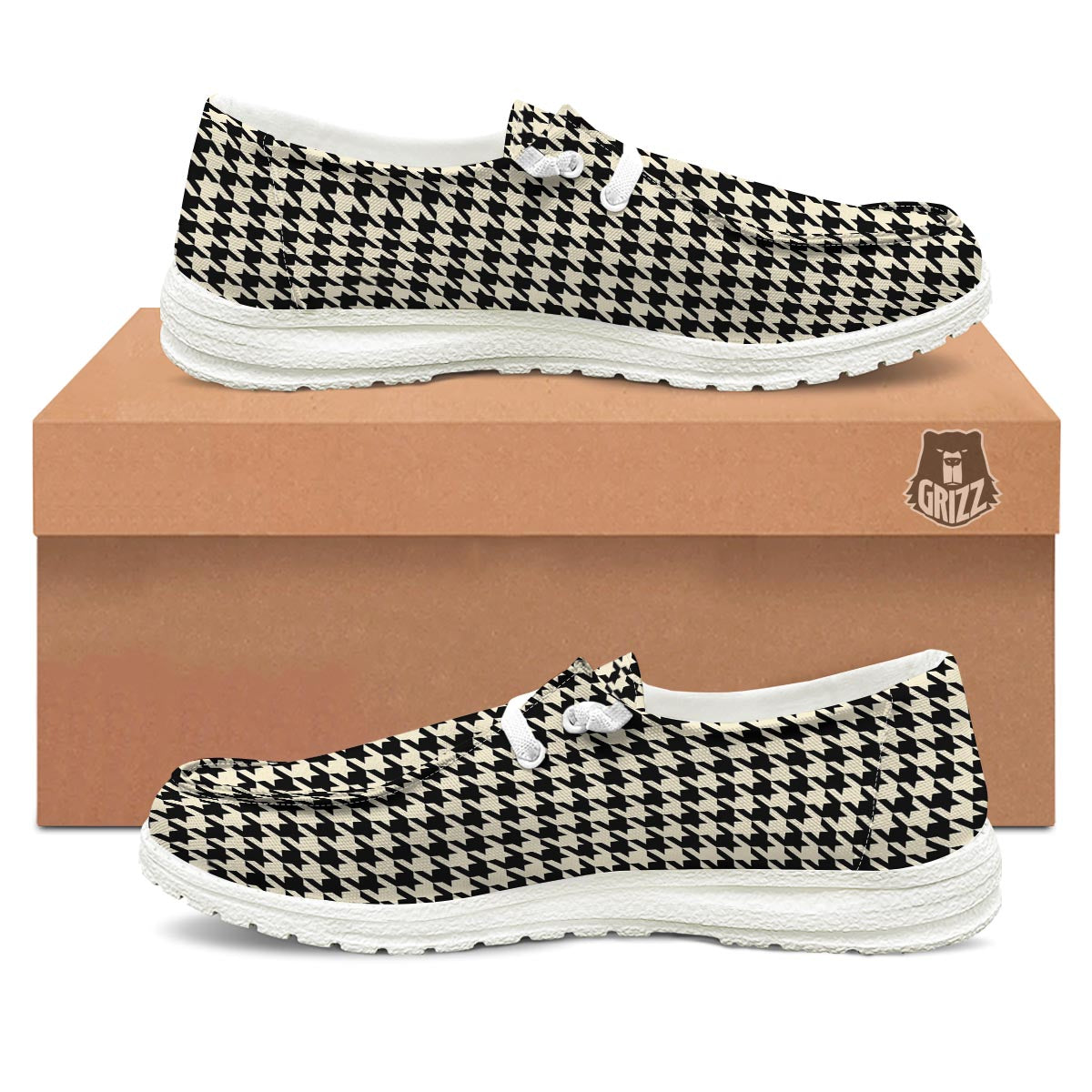 Houndstooth Black And Tan Print Pattern White Loafers-grizzshop