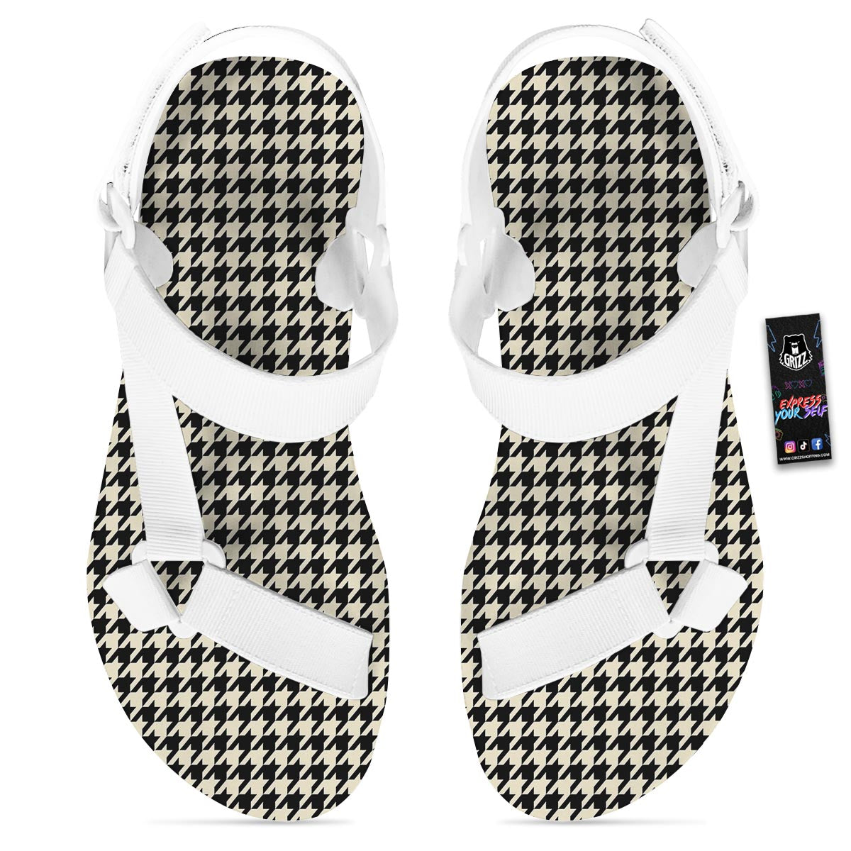 Houndstooth Black And Tan Print Pattern White Open Toe Sandals-grizzshop