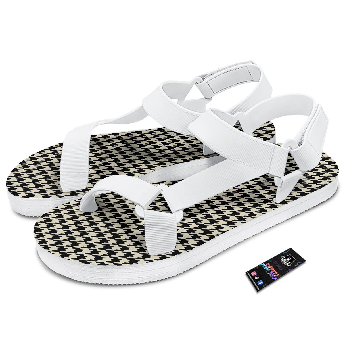 Houndstooth Black And Tan Print Pattern White Open Toe Sandals-grizzshop