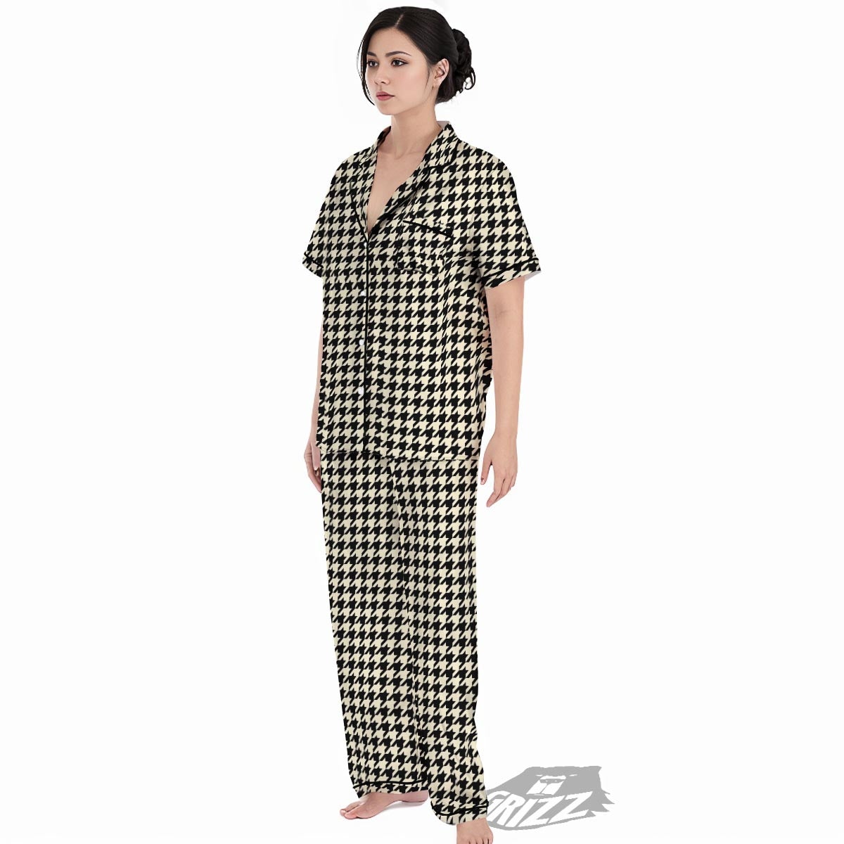 Houndstooth Black And Tan Print Pattern Women's Pajamas Set-grizzshop