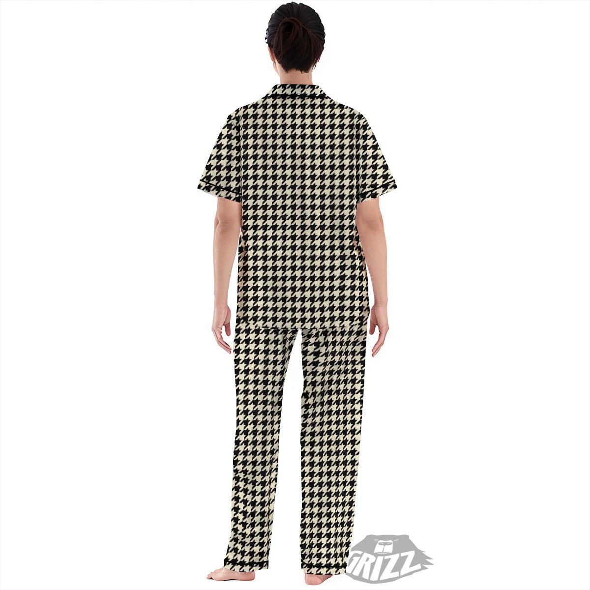 Houndstooth Black And Tan Print Pattern Women's Pajamas Set-grizzshop