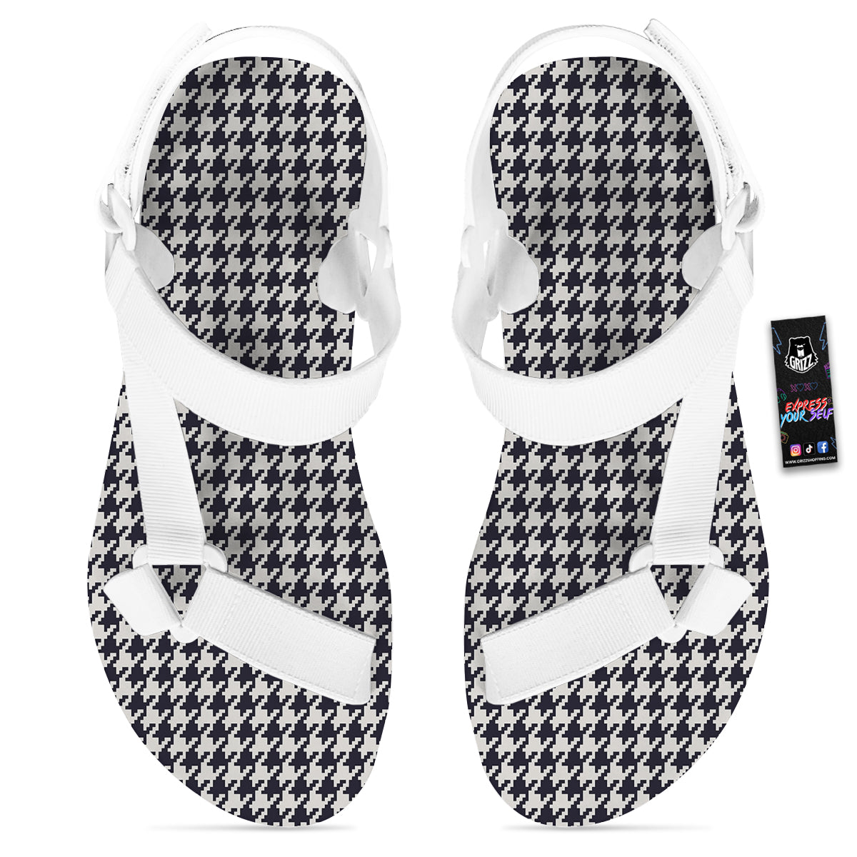 Houndstooth Black Pixel Print Pattern White Open Toe Sandals-grizzshop