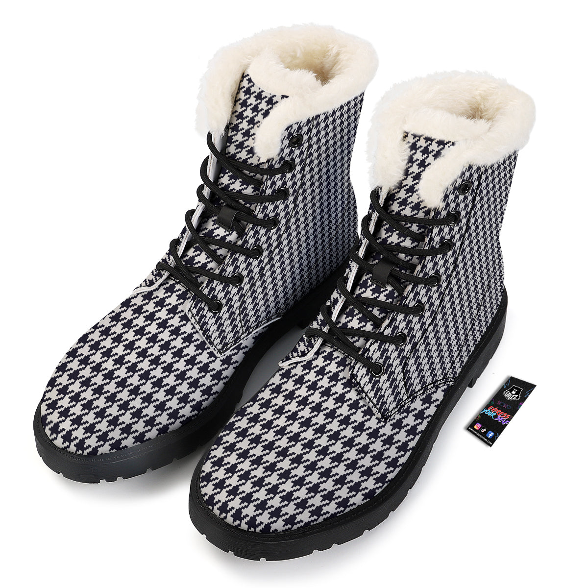 Houndstooth Black Pixel Print Pattern Winter Boots-grizzshop