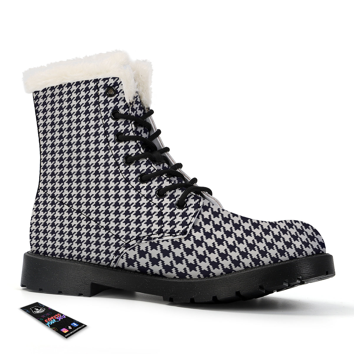 Houndstooth Black Pixel Print Pattern Winter Boots-grizzshop